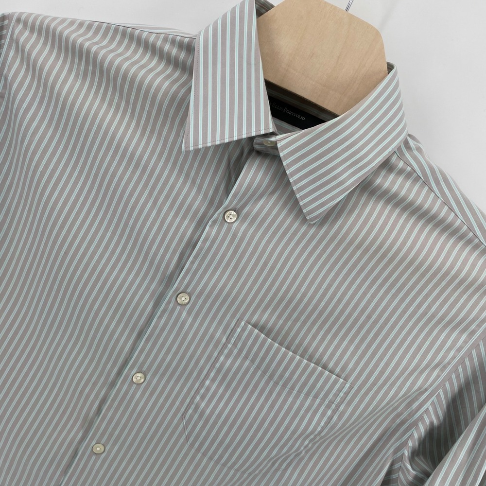 Perry Ellis Portfolio Mens Gray Wrinkle Free Cotton Dress Shirt L 16.5 32/33